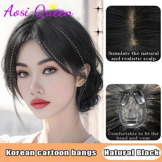 AOSI Synthetic Eight-character Bangs Wig For Women With High Hair Volume And High Skull Covering Gray Hair Replacement Wig