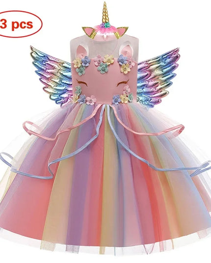 Girl Unicorn Cosplay Dress Children Party Birthday Princess Costume Sleeveless Trailing Wedding Christmas Outfit Girl Clothing