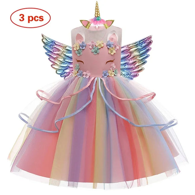 Girl Unicorn Cosplay Dress Children Party Birthday Princess Costume Sleeveless Trailing Wedding Christmas Outfit Girl Clothing