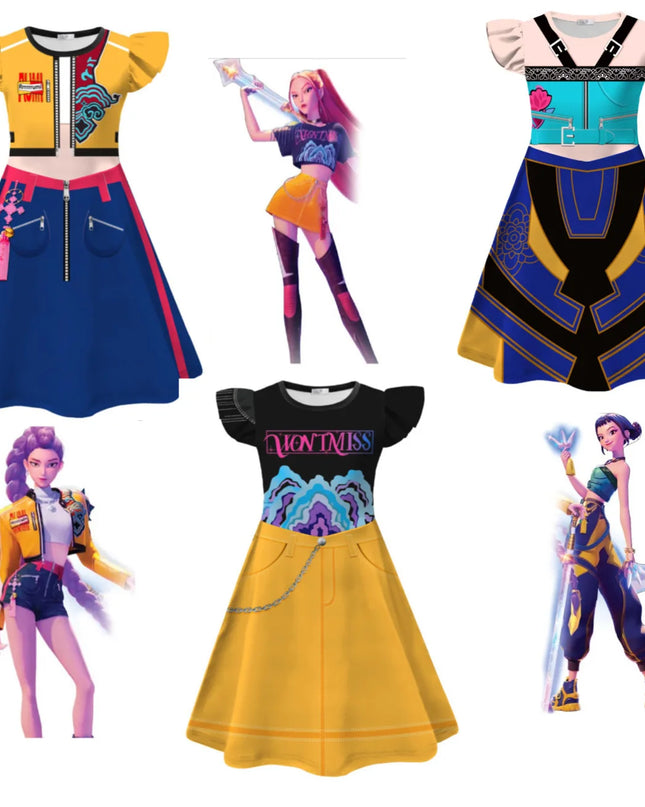 Kids KPop Demon Hunters Dress Clothes Cosplay Costume Girls Cartoon Rumi Dresses Children Casual Girl Dress Halloween Xmas Party