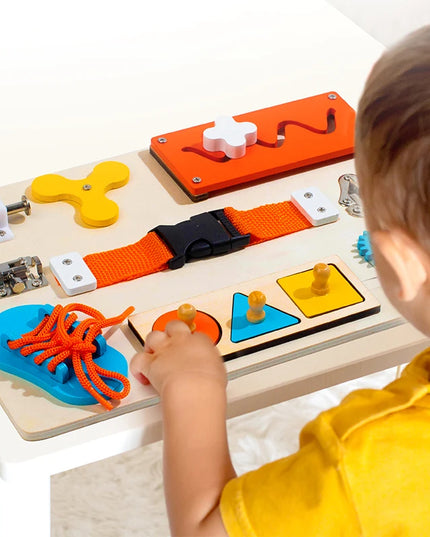 Montessori Wooden Busy Board Unlock Toy Essential Educational Sensory Board for Toddlers Intelligence Development Toys Gift