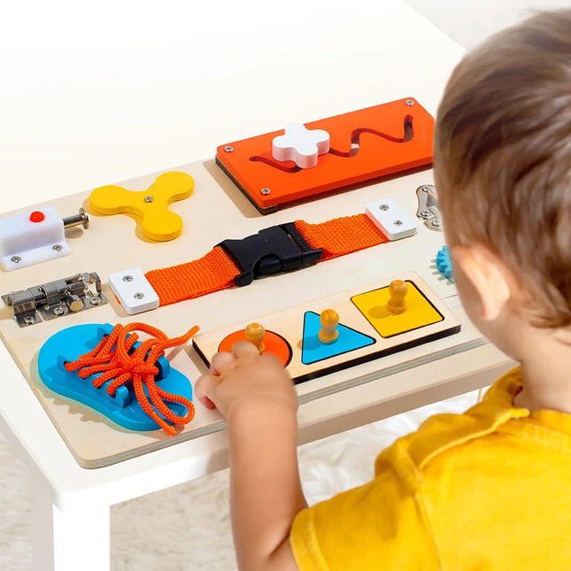 Montessori Wooden Busy Board Unlock Toy Essential Educational Sensory Board for Toddlers Intelligence Development Toys Gift