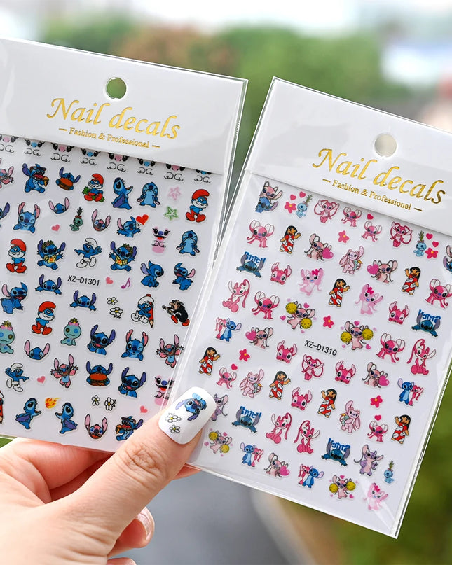 12sheet Cartoon Stitch Angel Nail Stickers Set Multiple Action Kawaii Stitch Nail Art Decals Adhesive Kids Manicure Decorations