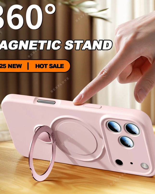 360 Magnetic Stand Liquid Silicone Phone Case For iPhone 17 Air 13 14 15 16 Pro Max Plus Magsafe Charge Holder Protector Cover