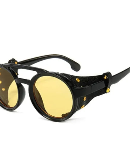Steampunk Shields Sunglasses Men Women Classic SunGlasses With Side Leather Round Eyewear Pink UV400 Lens