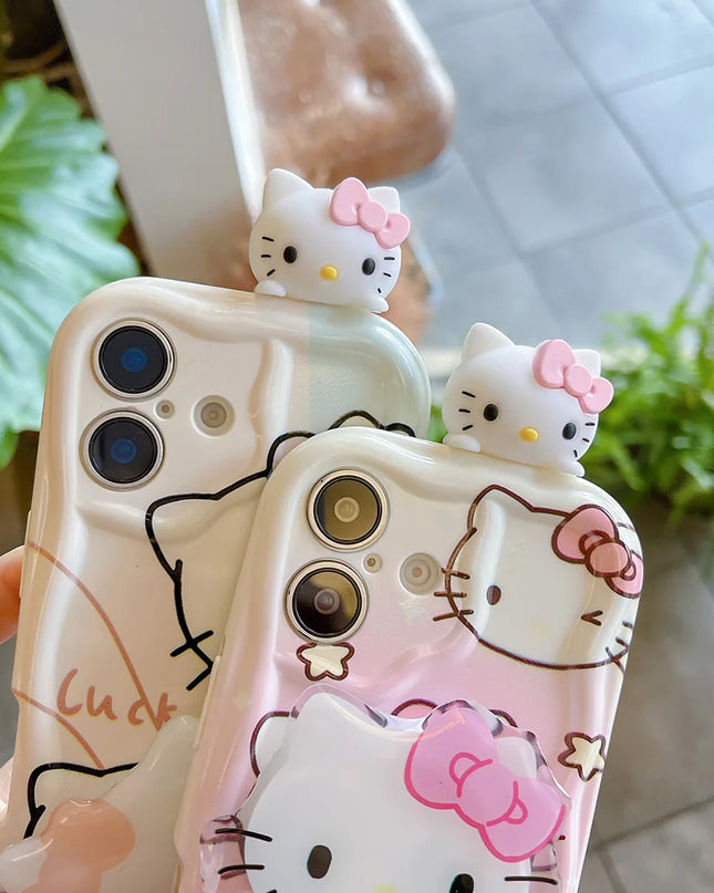 Pink Kitty Head Toy Grip Tok Holder Cartoon Wave Soft Phone Case For iPhone 16 Plus 15 14 Pro Max 13 Mini 12 11 X XS XR 7 8 SE