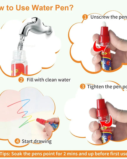No Mess Magic Water Drawing Mat Doodle Board Reusable Educational Toy with Pens & Stamps, Gift for Toddler Boys Girls