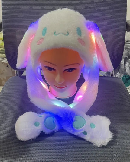 Kuromi Hello Kitty Moving Ears Cap for Girls Glowing Rabbit Hat Funny Stitch LED Plush Bunny Hats Halloween Party Accessories