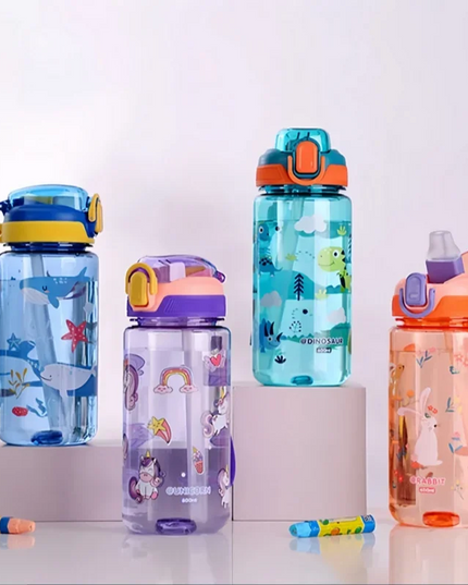 600ml Dinosaur Water Bottle For Kids Water Sippy Cup With Silicone Straw Leakproof Plastic Water Bottles Summer Kids Water Cup