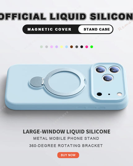 360 Magnetic Stand Liquid Silicone Phone Case For iPhone 17 Air 13 14 15 16 Pro Max Plus Magsafe Charge Holder Protector Cover
