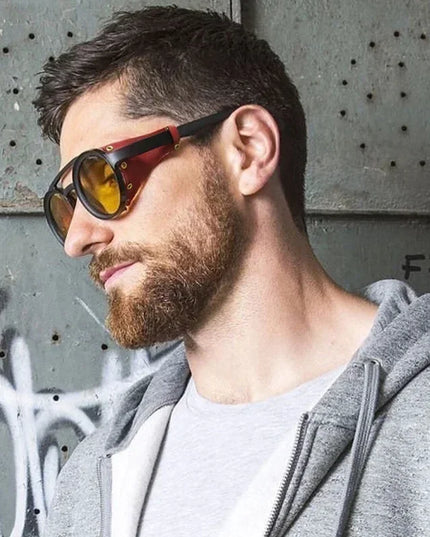 Steampunk Shields Sunglasses Men Women Classic SunGlasses With Side Leather Round Eyewear Pink UV400 Lens