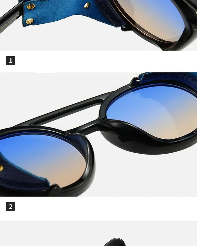 Steampunk Shields Sunglasses Men Women Classic SunGlasses With Side Leather Round Eyewear Pink UV400 Lens