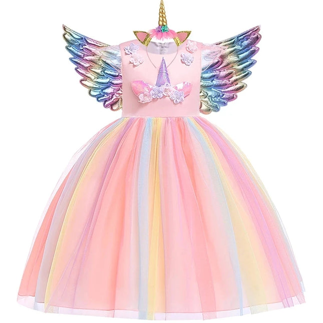 Kids Unicorn Dress for Girls Party Dresses Flower Appliques Ball Gown Little Girl Princess Costumes Summer Children Dresses