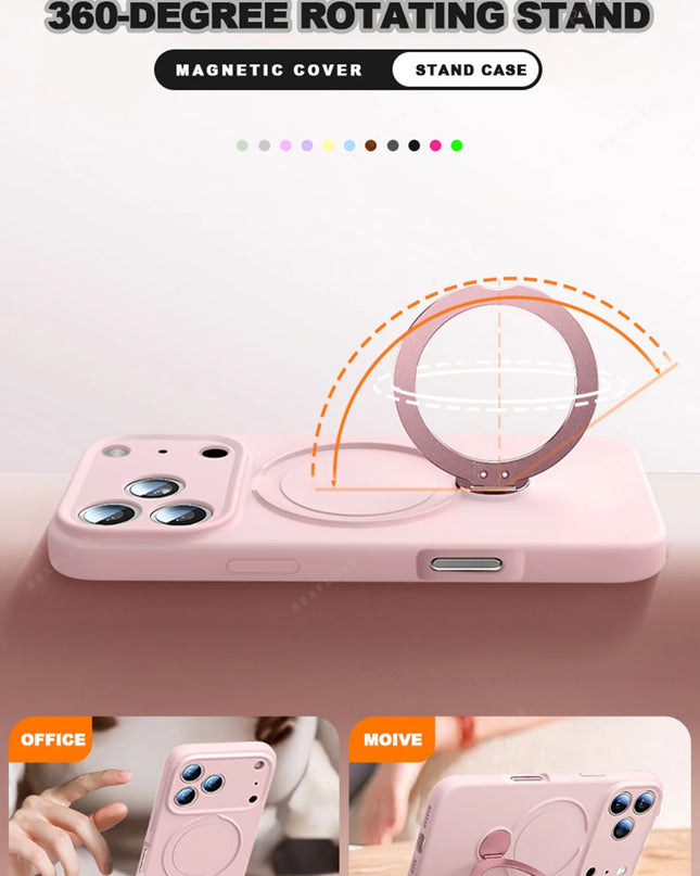 360 Magnetic Stand Liquid Silicone Phone Case For iPhone 17 Air 13 14 15 16 Pro Max Plus Magsafe Charge Holder Protector Cover