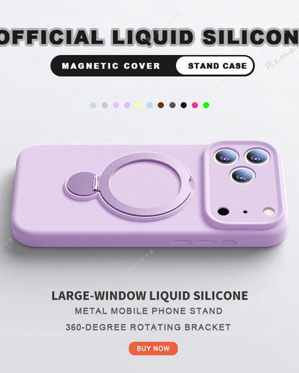 360 Magnetic Stand Liquid Silicone Phone Case For iPhone 17 Air 13 14 15 16 Pro Max Plus Magsafe Charge Holder Protector Cover