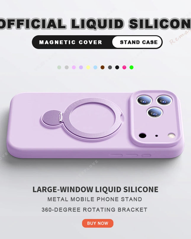 360 Magnetic Stand Liquid Silicone Phone Case For iPhone 17 Air 13 14 15 16 Pro Max Plus Magsafe Charge Holder Protector Cover