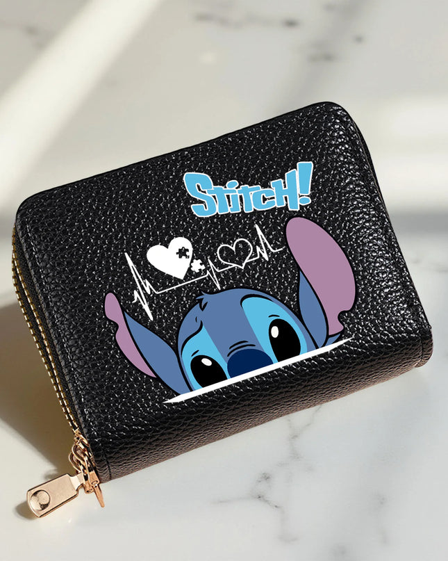 Stitch Design PU Leather Wallet – Double Zipper Short Coin Purse with Card Slots, Cute Cartoon Style, 4 Colors Available