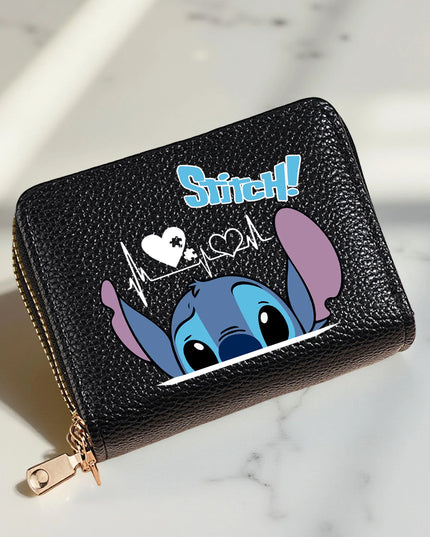 Stitch Design PU Leather Wallet – Double Zipper Short Coin Purse with Card Slots, Cute Cartoon Style, 4 Colors Available