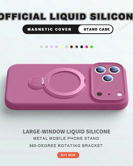 360 Magnetic Stand Liquid Silicone Phone Case For iPhone 17 Air 13 14 15 16 Pro Max Plus Magsafe Charge Holder Protector Cover