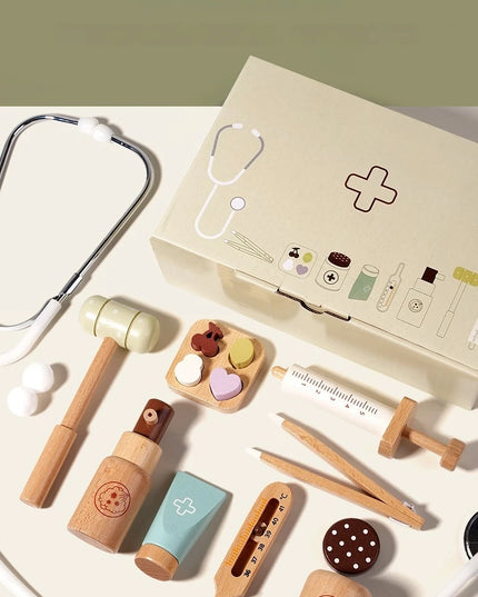 Children playing house simulation, doctors, nurses, stethoscopes, medical kits, syringes, toy sets, wooden boys and girls