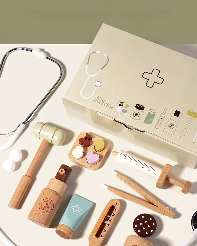 Children playing house simulation, doctors, nurses, stethoscopes, medical kits, syringes, toy sets, wooden boys and girls