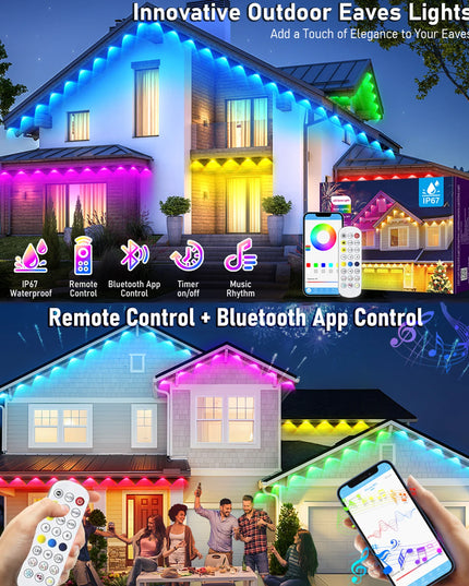 LED Permanent Outdoor Lights IP65 Waterproof RGBIC Eave Lights With Remote for Christmas New Year Roof DIY Holiday String Light