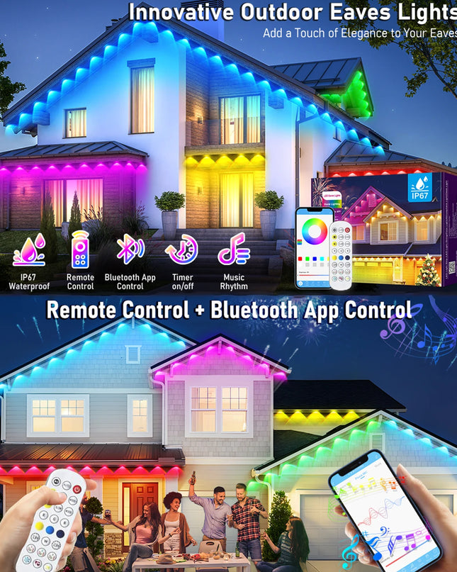 LED Permanent Outdoor Lights IP65 Waterproof RGBIC Eave Lights With Remote for Christmas New Year Roof DIY Holiday String Light
