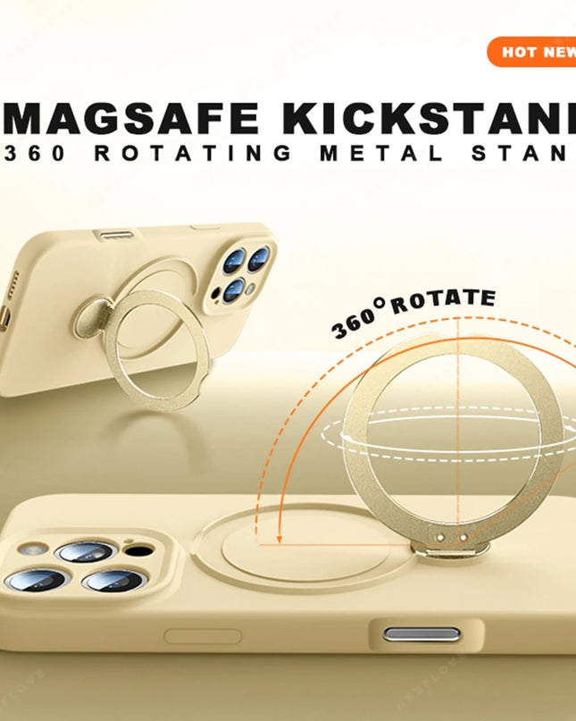 360 Magnetic Stand Liquid Silicone Phone Case For iPhone 17 Air 13 14 15 16 Pro Max Plus Magsafe Charge Holder Protector Cover