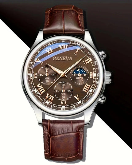 GENEVA High Quality Men's Luxury Belt Fashion Quartz Watch Men Round Business Student Sport Waterproof Glow Clock