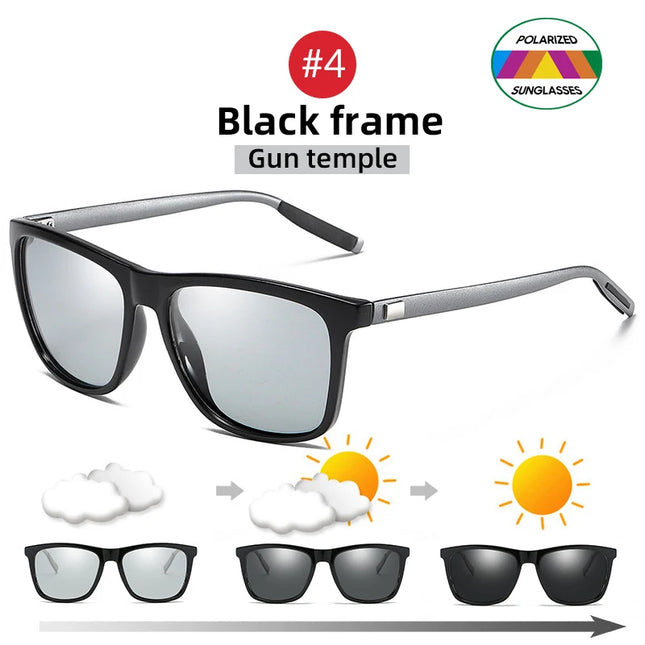 Classic Fishing Sunglasses Men Polarized Metal Square Frame UV400 Photochromic Goggles Women Driving Discoloration Eyewear