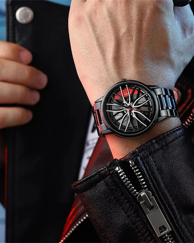 Car Watches For Men,Waterproof Stainless Steel Quartz Wrist Watch Sports Men’s Watches With Car Wheel Rim Hub Design