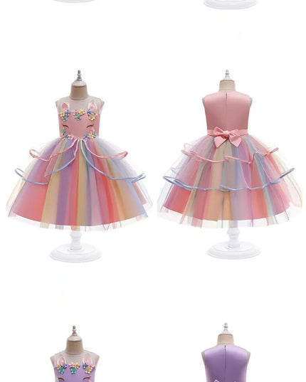 Girl Unicorn Cosplay Dress Children Party Birthday Princess Costume Sleeveless Trailing Wedding Christmas Outfit Girl Clothing