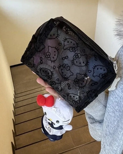 New Hello Kitty Mesh Material Cosmetics Storage Bag Creative High-Capacity Portable Zipper Handbag Cute Girls' Supplie