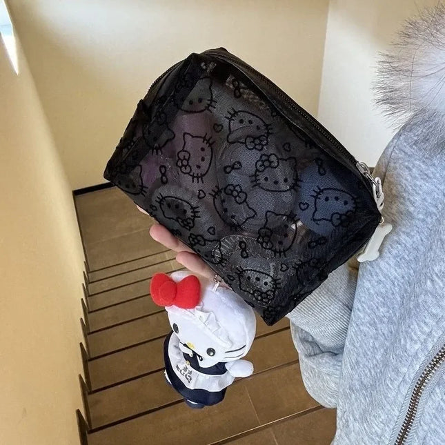 New Hello Kitty Mesh Material Cosmetics Storage Bag Creative High-Capacity Portable Zipper Handbag Cute Girls' Supplie
