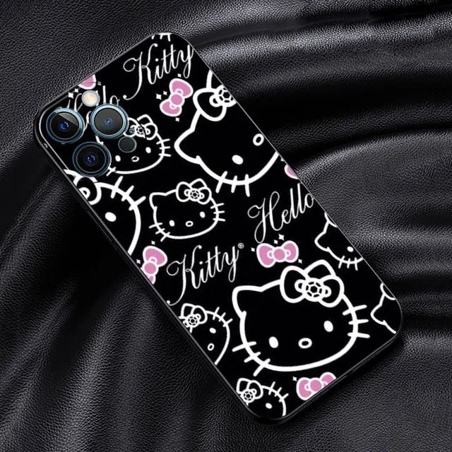 Phone Case For iPhone 11 12 13 14 Pro Max Mini XS XR X 8 7 6S 6 15 se Plus Black Silicone Cover Fundas Cute Cool Hello Kitty Cat