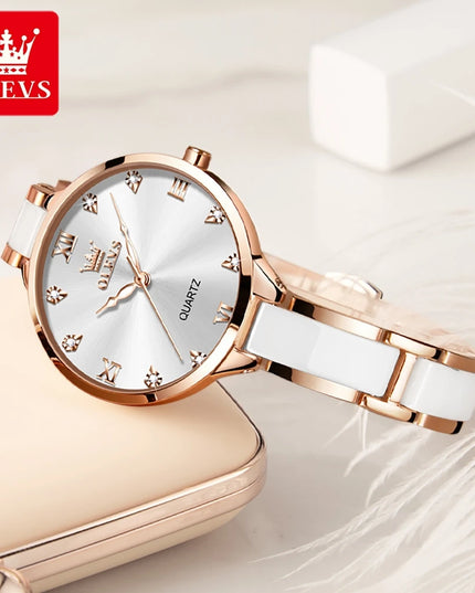 OLEVS 5872 Woman Watches Imported Japan Quartz Movement Waterproof Watch for Women Elegant Ceramic Strap Ladies Wristwatch Gifts