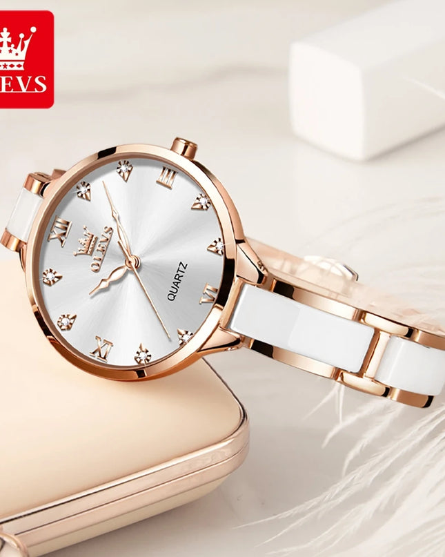OLEVS 5872 Woman Watches Imported Japan Quartz Movement Waterproof Watch for Women Elegant Ceramic Strap Ladies Wristwatch Gifts