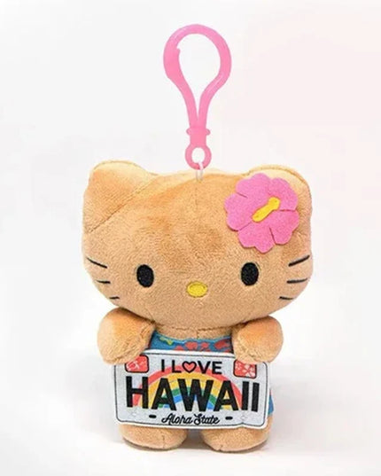 Hot Anime Hello Kitty Kuromi Dolls Filled Keychain Dark Skin Hawaiian Series Cartoon Accessory Toys Bag Pendant Charms