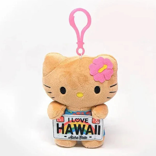 Hot Anime Hello Kitty Kuromi Dolls Filled Keychain Dark Skin Hawaiian Series Cartoon Accessory Toys Bag Pendant Charms