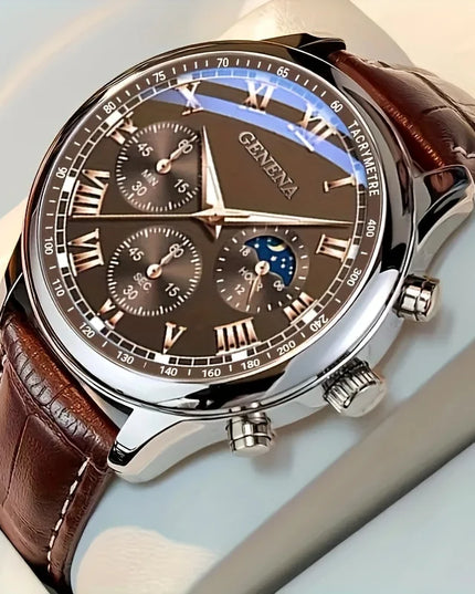 GENEVA High Quality Men's Luxury Belt Fashion Quartz Watch Men Round Business Student Sport Waterproof Glow Clock