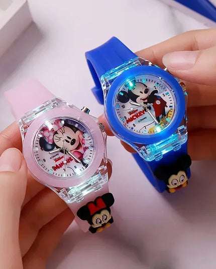 Disney Fashion Minnie Children's Watch Mickey Mouse Children's Flash Light Cartoon Figure Doll Boys Girls Birthday Gifts