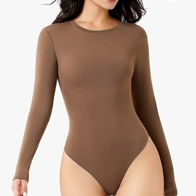 HXAO 2025 Bodysuit Women Body Sexy Women Black Brown Dark Brown Slimming Bodysuit Thong Long Sleeve Top Rave Basic Bodysuit 066