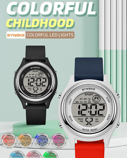 SYNOKE Colorful Children Seven Lights Watches Sport Students Digital Watch For Kids Waterproof Electronic Watch Shock Resist