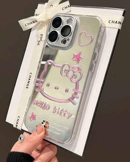 Cute Cartoon Sanrio Y2K Hello Kitty Silver Plating Phone Case For iPhone 16 15 14 13 12 11 Pro Max Cases Mirror Surface  Cover