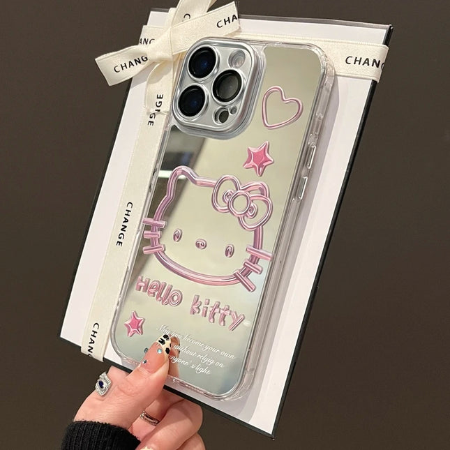 Cute Cartoon Sanrio Y2K Hello Kitty Silver Plating Phone Case For iPhone 16 15 14 13 12 11 Pro Max Cases Mirror Surface  Cover