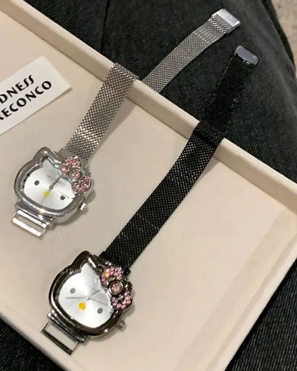 Hello Kitty Bow Diamond Watch Sanrio Anime Fashionable Quartz Watches Cute Cartoon Magnet Watches Girls Birthday Gifts