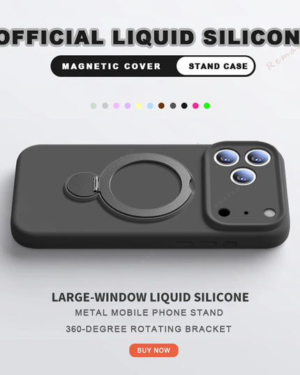 360 Magnetic Stand Liquid Silicone Phone Case For iPhone 17 Air 13 14 15 16 Pro Max Plus Magsafe Charge Holder Protector Cover