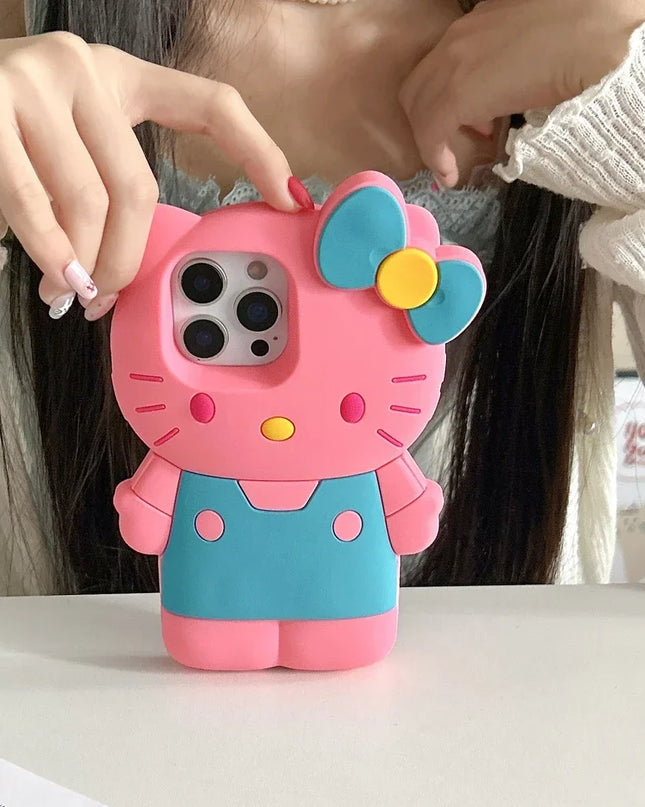 Cute Cartoon Sanrio Hello Kitty Phone Case For iPhone 16 15 14 13 12 11 Pro Max Shockproof 3D Stereoscopic Soft Silicone Cover