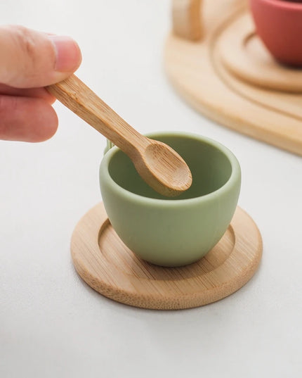 Wooden Montessori Toys Toddler Pretend Play Tea Party Set Silicone Teapot Cups Wood Tray Scoop Toys for Kids Birthday Gift