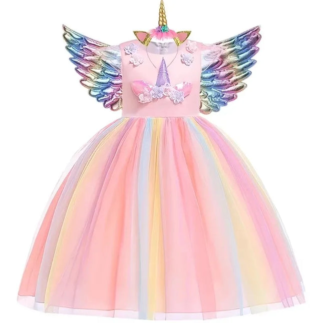 Kids Unicorn Dress for Girls Party Dresses Flower Appliques Ball Gown Little Girl Princess Costumes Summer Children Dresses